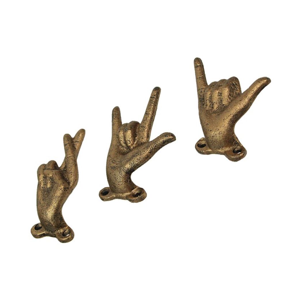 Set of 3 Antique Gold Cast Iron Hand Gesture Wall Hooks - Picture 3 of 9